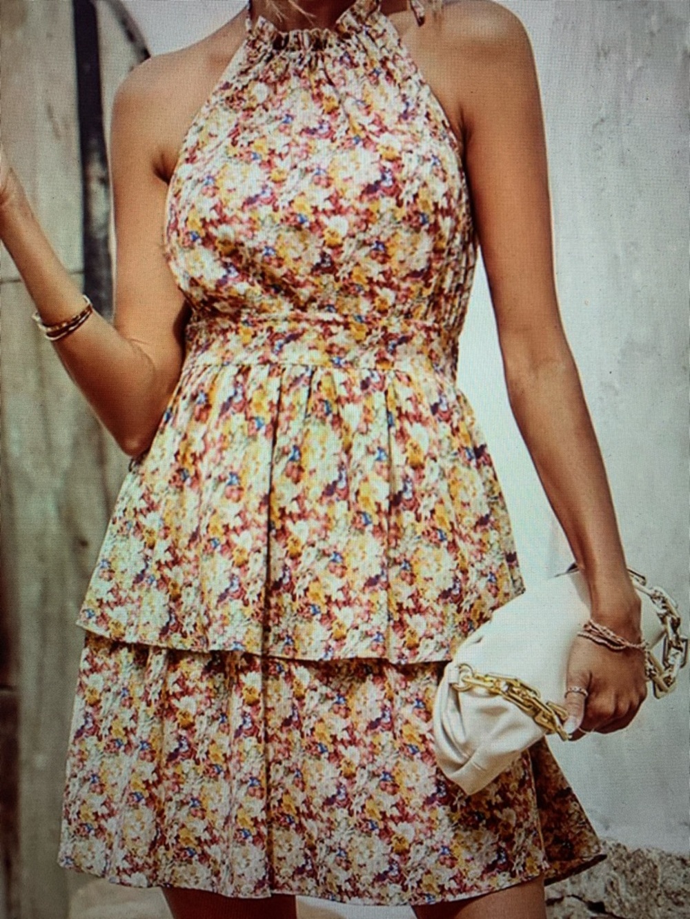 Floral Halter Tiered Mini Dress in Yellow - Picture 3 of 3